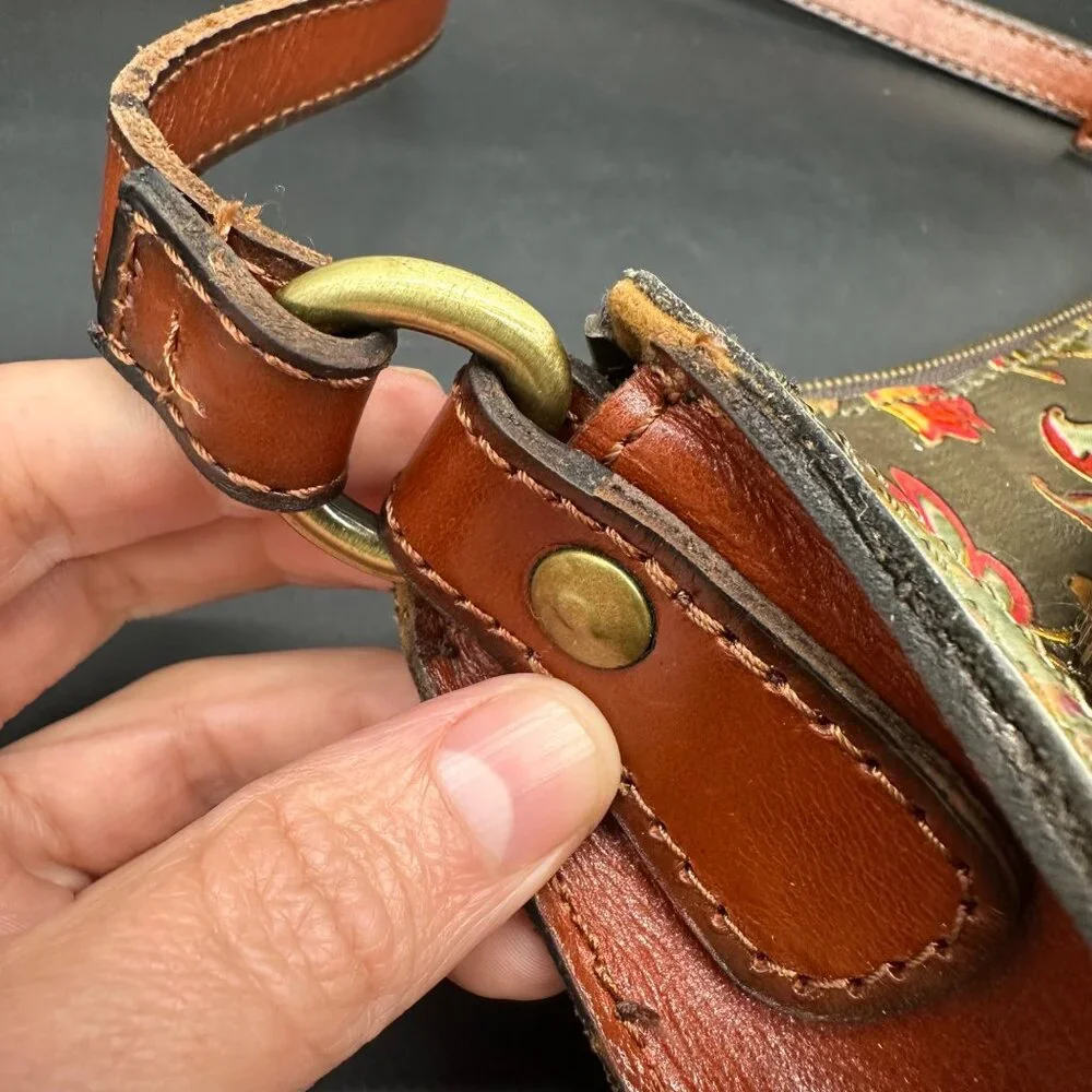 Patricia Nash Floral Leather Shoulder Bag Adjustable Strap Gray Red Crossbody - Picture 9 of 13